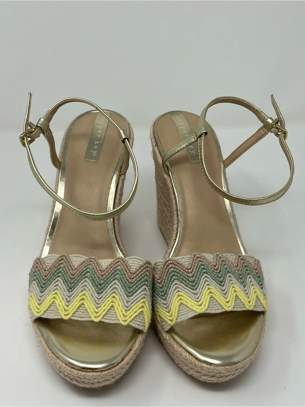 Copper Key Espadrille Wedge Sandals Size 9.5 Pastel Chevron Platform Heels Boho